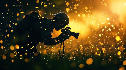 Fototapeta premium Silhouette of photographer capturing nature at sunset, surrounded by glowing bokeh lights, creating a magical and serene atmosphere.