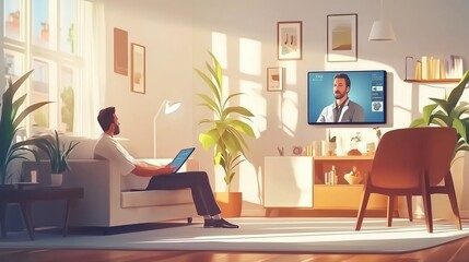 Fototapeta premium Elderly patient living room tablet healthcare connection remote medical service. AI generated