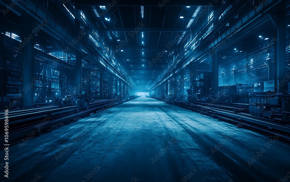 Poster a dimly lit industrial space featuring long aisles, illuminated by blue lights, creating a mysteriou