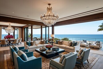 Fototapeta premium Opulent Seaside Sanctuary Living Space with Innovative Design and Gorgeous Ocean View