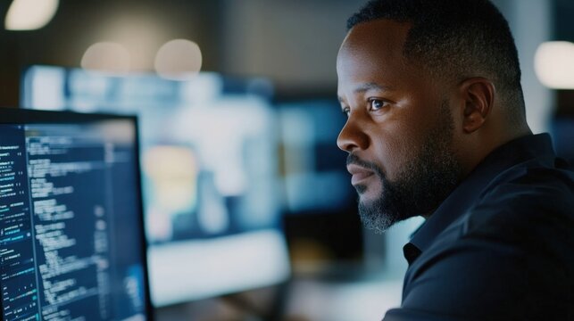 Focused Programmer Working Late On Code