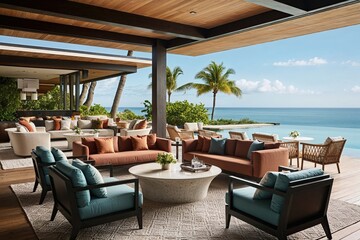 Fototapeta premium Chic Oceanfront Bungalow Retreat Featuring Modern Architecture and Designer Decor