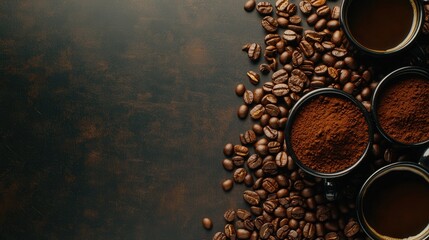 Top view of coffee beans, ground coffee, and cups of coffee on a dark textured background, showcasing rich flavor and aroma.