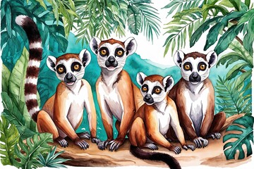 Obraz premium Colorful Watercolor Artwork of Playful Lemurs in a Lush Tropical Rainforest