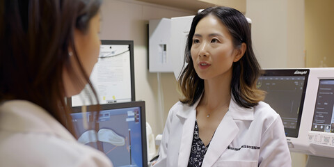 Fototapeta premium Doctor Consulting with Patient in Clinic, Female Physician Discussing Health Concerns with Patient