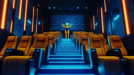 A robot stands on a stage in a futuristic movie theater, with an empty audience.