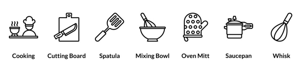 Kitchen line icon set. Cooking, cutting board, spatula, mixing bowl, oven mitt, saucepan, whisk