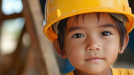 Young child construction worker wearing hard hat