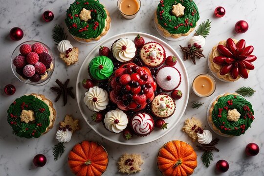 Whimsical Selection of Seasonal Confections and Delights in a Top-Down Dessert Tableau