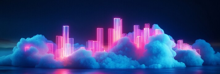 Fototapeta premium Neon cloud icon with futuristic lights in dark tech environment, data concept.