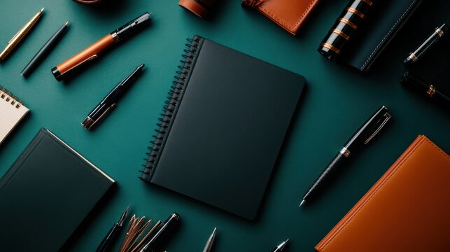 Top view of stylish stationery layout including notebooks, pens, and pencils on a dark green background. Perfect for creativity and organization.
