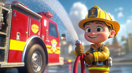 Smiling Firefighter Holding Hose With Water Spray