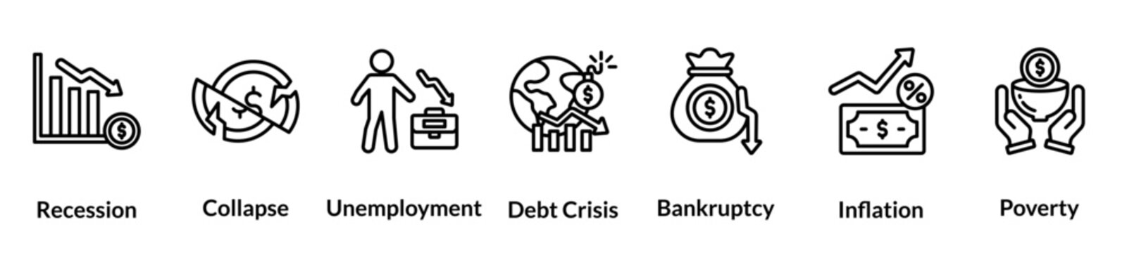 Economy crisis line icon set. recession, collapse, unemployment, debt crisis, bankruptcy, inflation, poverty