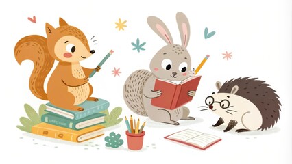 Cute Animals Studying with Books and Pencils