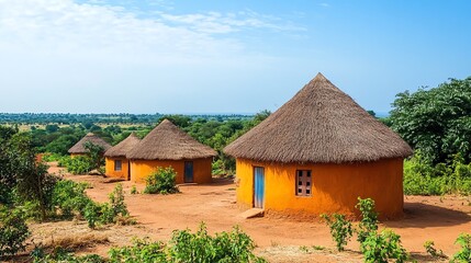 A row of traditional African huts with thatched roofs and mud walls stand on a dirt road in a rural setting.
