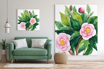 Vibrant Camellia Illustration on Bright White Canvas Featuring Lush Green Forest Blooms in Watercolor