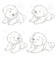  line art cartoon dogs, with happy and smiling poses and expressions, in a clipart style, on a white background