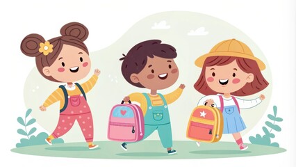 Children with Schoolbags in Pastel Hues