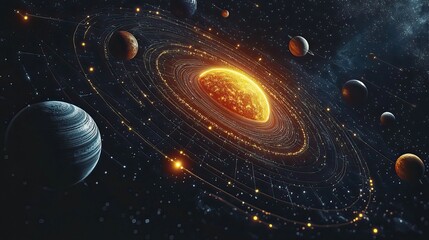 A vector design of planets in the solar system, showing their orbits around the sun with stars.