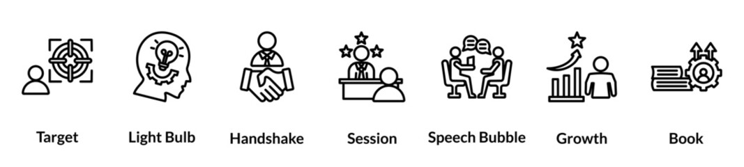 Coaching line icon set. target, light bulb, handshake, session, speech bubble, growth, book