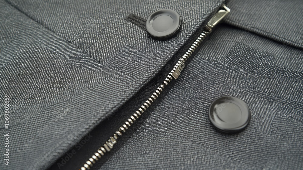 Poster close-up of textured fabric with zipper and buttons