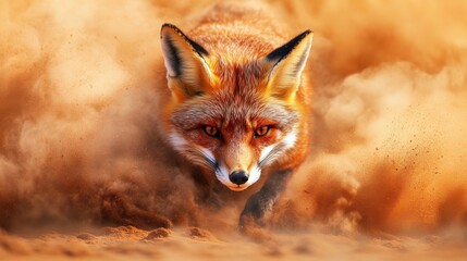 Vibrant orange fox dashes through swirling dust, capturing the wild spirit and energy of the natural world in a dynamic scene.