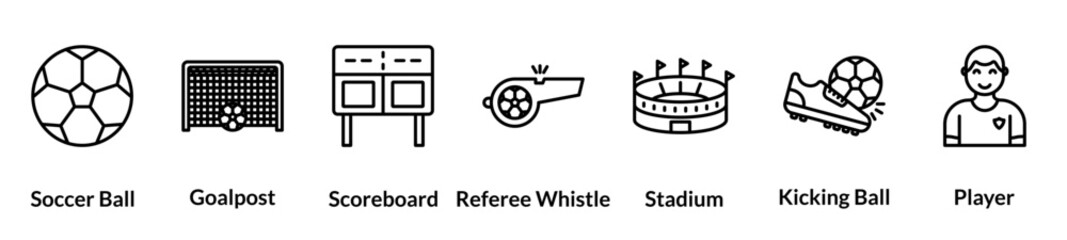 Soccer line icon set. soccer ball, goalpost, scoreboard, referee whistle, stadium, kicking ball, player
