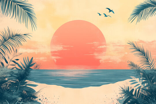tropical sunset serendipity: a serene beach scene with palm trees and an abstract watercolor sunset over the ocean