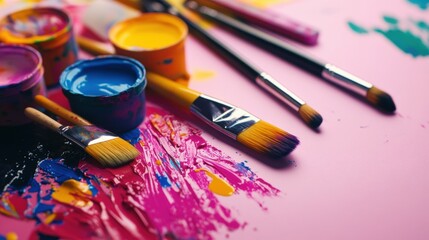 Obraz premium Vibrant paintbrushes and colorful paints on a pink canvas, perfect for art projects and creativity inspiration.
