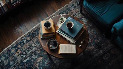 A cozy reading nook with coffee, books, and a decorative bowl on a wooden table.