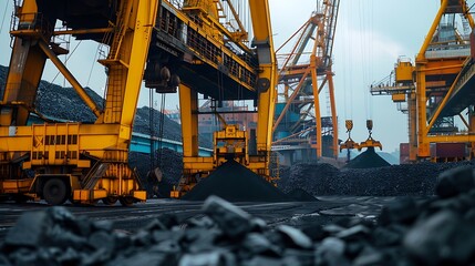 Crane in a coal mine at sunset, closeup. Industrial background