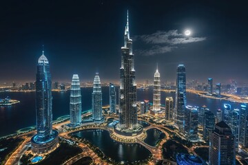 Fototapeta premium Moonlit Metropolis Aerial View of Modern Skyscrapers and Urban Landscape