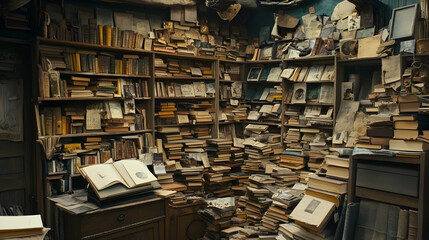 Obraz premium A cluttered room filled with books and photos.