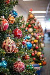 Fototapeta premium The office hosts a fun Christmas tree decorating contest. Each team puts their spin