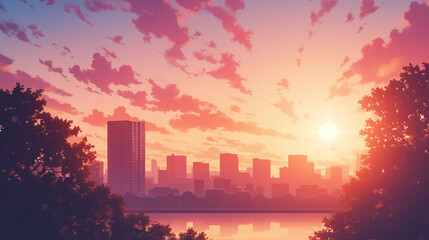 Stunning Sunset Cityscape with Silhouettes of Buildings and Trees