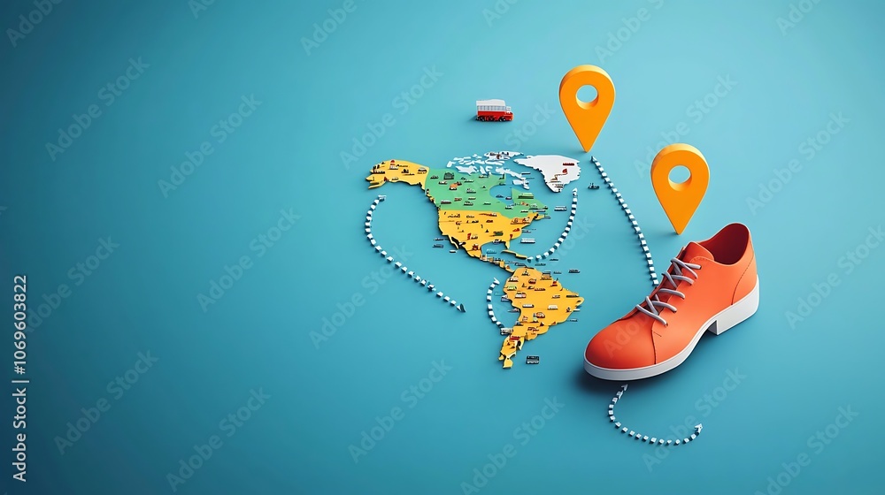 Aufkleber a map of the world with a shoe on it and two pins on it