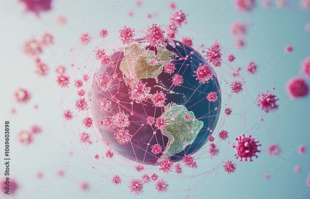 Poster a 3d rendering of the earth with pink virus particles floating around it, symbolizing the global spr