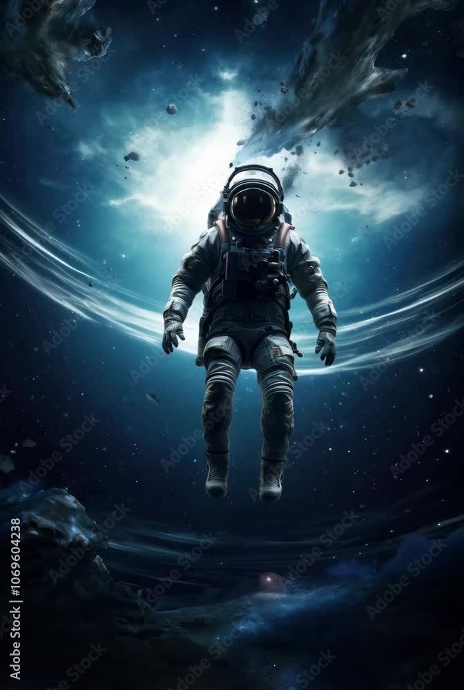 Poster stronaut floating outside a spaceship in outer space. man in protective helmet and suit. cosmos disc