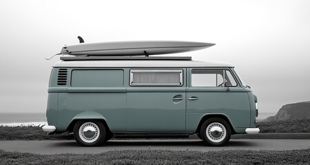 A vintage van parked with a surfboard on top.