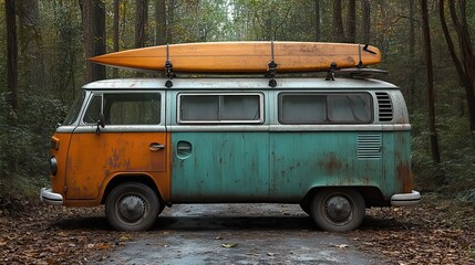 A vintage van parked with a surfboard on top.