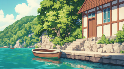 Fototapeta premium Serene Waterfront Cottage with Wooden Boat and Green Trees