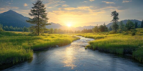 A serene river flows through a lush green meadow, with mountains in the background and a bright, golden sunset casting a warm glow over the landscape.