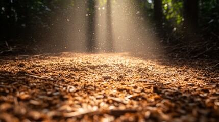 Sawdust from woodworking falls on the forest floor, illuminating the area , Generative AI