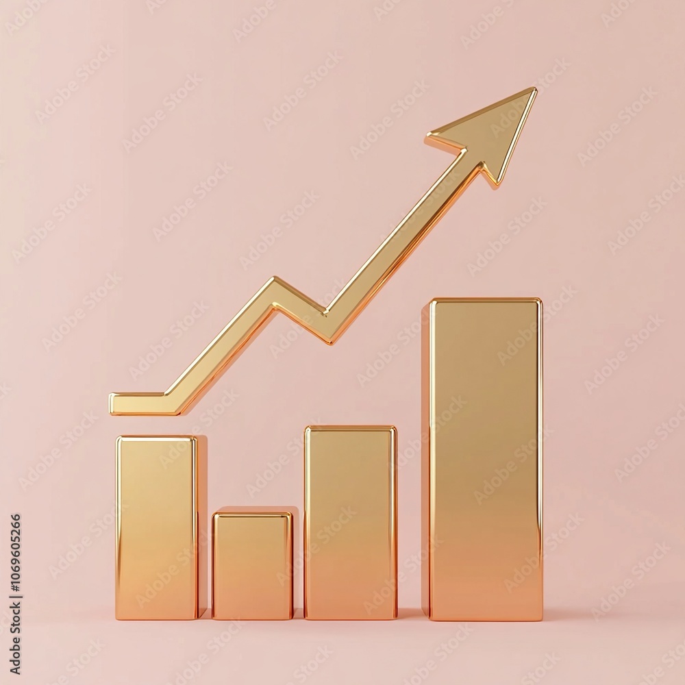 Poster gold bar chart with an upward pointing arrow on a pink background.