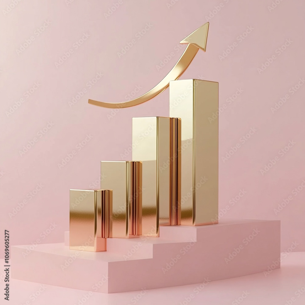 Poster a 3d rendered golden bar graph with a curved arrow pointing upwards on a pink background.