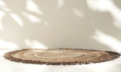 Brown rattan placemat on modern, minimal cream white counter in dappled sunlight on wall for luxury organic fashion, beauty, cosmetic, skincare, body care product display background 3D