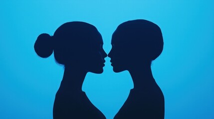 Two Silhouetted Figures Gaze at Each Other Against a Blue Background