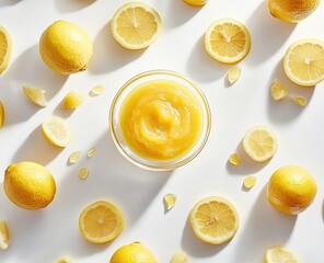 A bowl of homemade lemon curd surrounded by fresh lemons and lemon slices on a white background.
