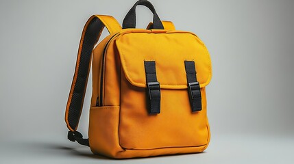 A yellow backpack on a white background, designed for children’s school use and as a travel bag.