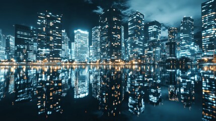 Dynamic city skyline at night with lights reflecting off glass buildings, capturing the energy of an urban metropolis